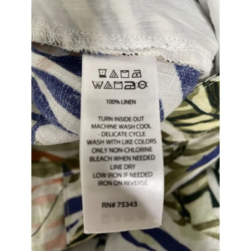 Tahari Size L 100% Linen Wide Leg Crop Pants Tropical Print Pull On